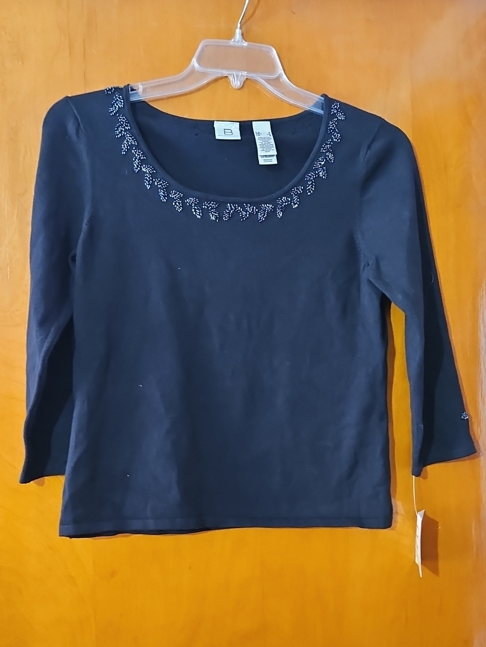 Embellished Scoop Neck Long Sleeve Top - Black